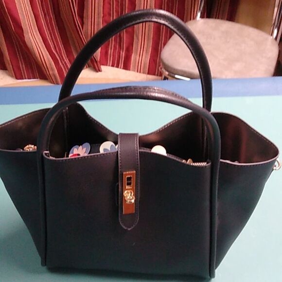 Black Faux Leather Two Crossbody Straps Certified Vegan Bag with Floral Strap - Picture 7 of 10